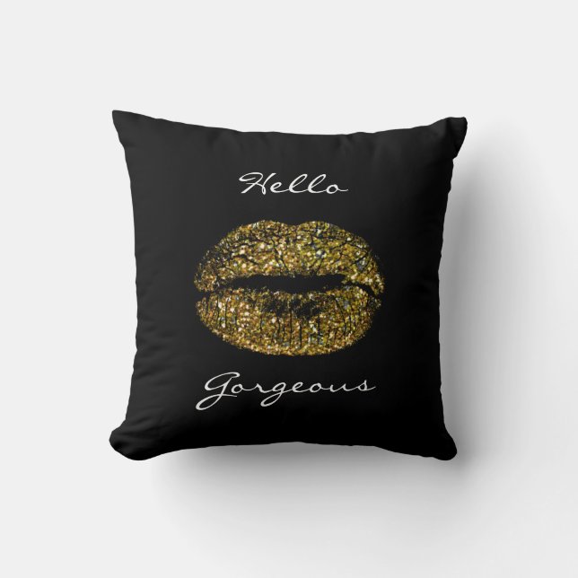 Gorgeous Golden Glitter Black White Kiss Lips Throw Pillow (Front)