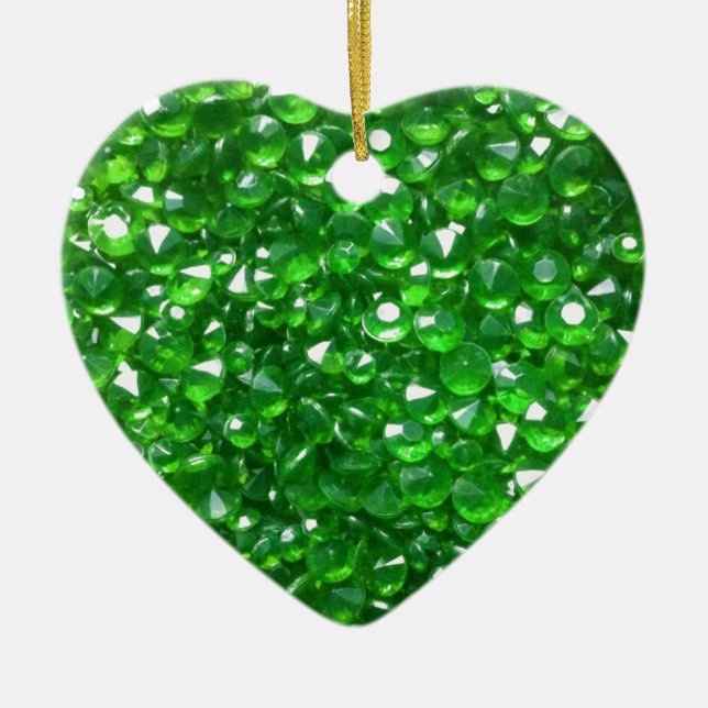 Gorgeous Green Crystals Ceramic Heart Ornament (Front)