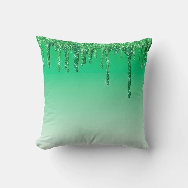 Gorgeous Green Glamourous Glitter Dripping Throw Pillow (Front)