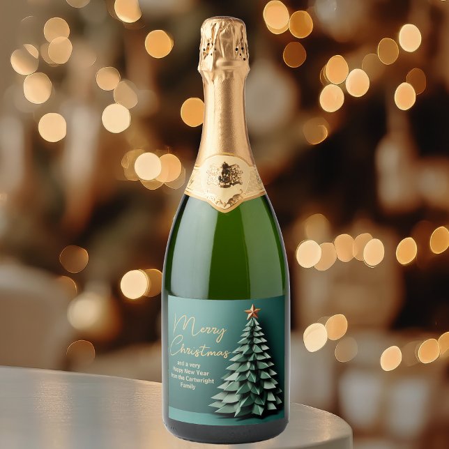 Gorgeous Green Gold Merry Christmas Party Tree Sparkling Wine Label (Creator Uploaded)