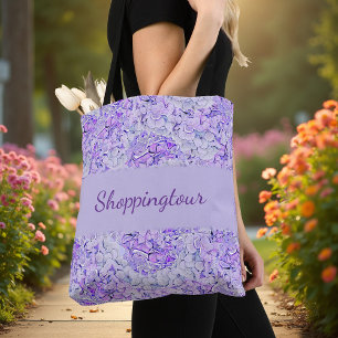 Gorgeous hydrangea pattern in lavender, floral tote bag