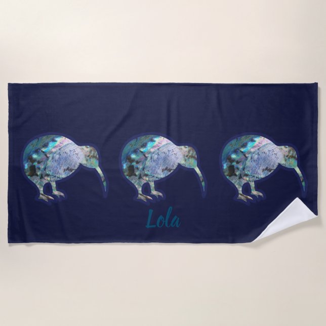 Gorgeous Kiwi Bird Pattern, Personalized with Name Beach Towel (Front)