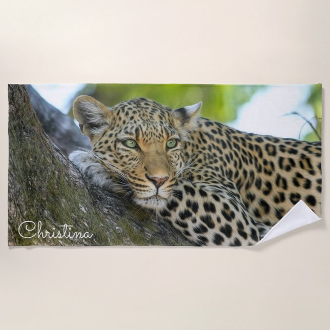 Gorgeous Leopard in a Tree Personalized Beach Towel (Front)