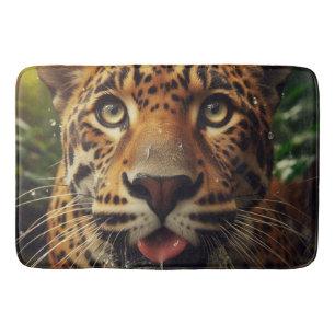 Gorgeous Leopard Stares Lapping Water in Jungle  Bath Mat