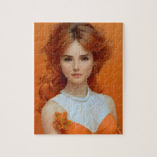 Gorgeous Long Haired Woman in Orange Fashion Model Jigsaw Puzzle