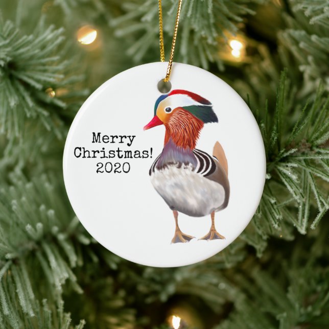 Gorgeous Mandarin Duck Merry Christmas Ceramic Ornament (Tree)