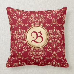 Gorgeous Medieval Gold Damask Carmine Red Monogram Throw Pillow