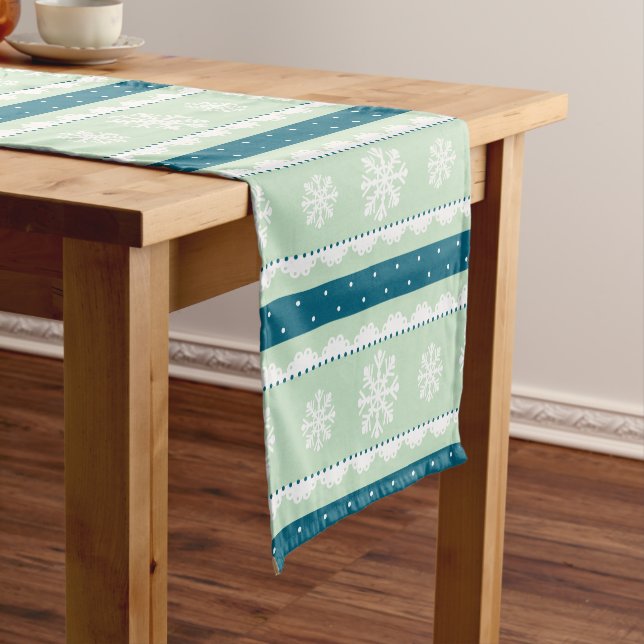 Gorgeous Mint Green Christmas Snowflakes Pattern Short Table Runner (In Situ)