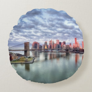 Gorgeous morning view and city reflections round pillow