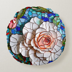 Gorgeous Mosaic Flowers Pattern Round Pillow