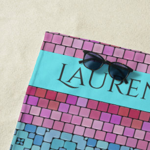 Gorgeous Mosaic Tile Look - Customized Pink & Aqua Beach Towel