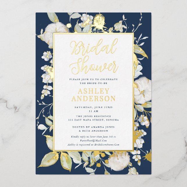 Gorgeous Navy Blue Botanical Bridal Shower Gold (Front)