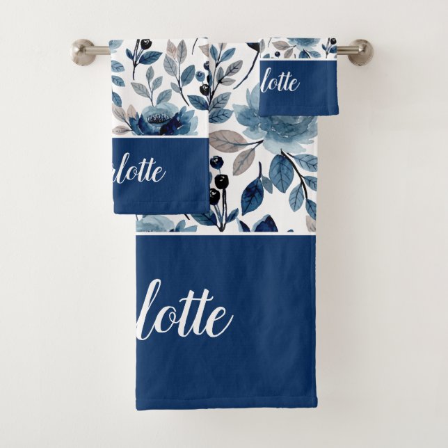 Gorgeous Navy Blue Floral Pattern Name Bath Towel Set (Insitu)