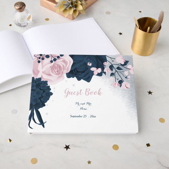 gorgeous navy blue & pink flowers botanical  guest book (Front Open)