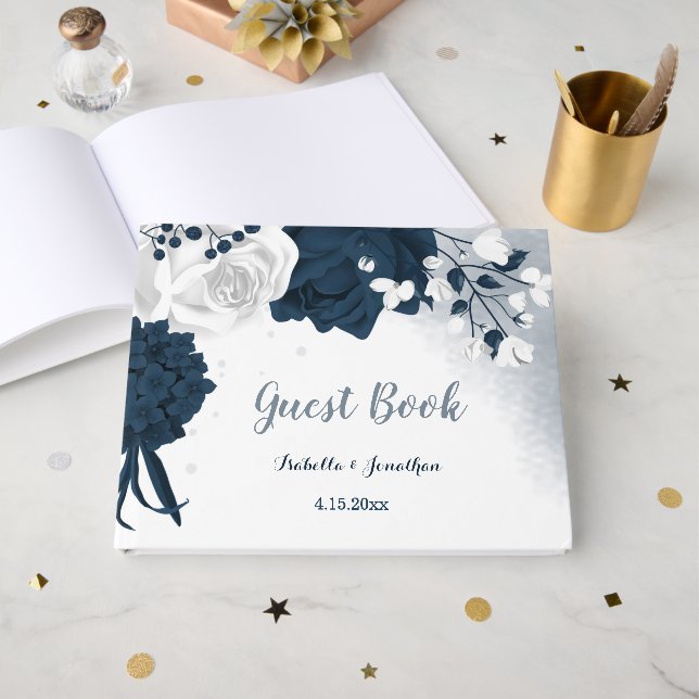 gorgeous navy blue &white flowers botanical guest book (Front Open)