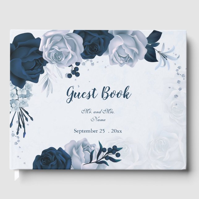 gorgeous navy & dusty blue flowers botanical  guest book (Front)