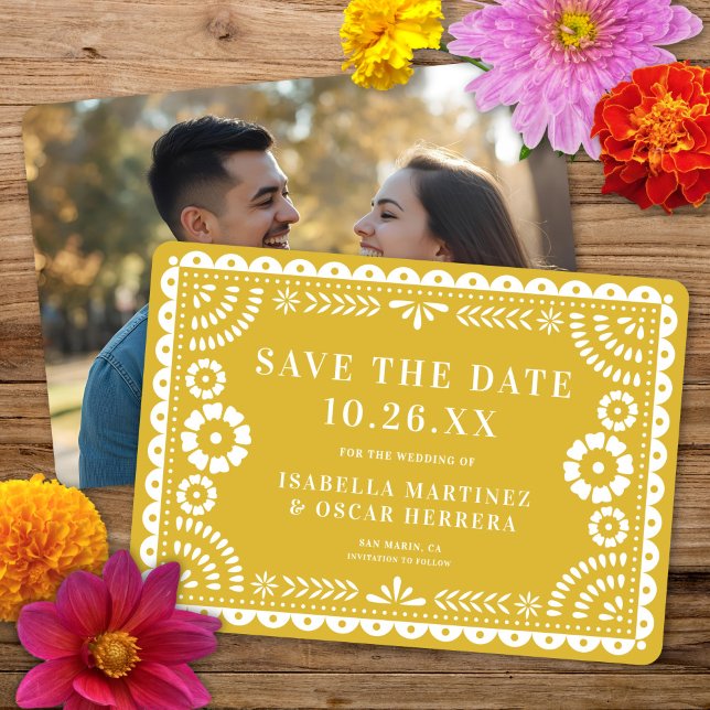 Gorgeous Ornate Papel Picado Photo Yellow Wedding Save The Date (Creator Uploaded)