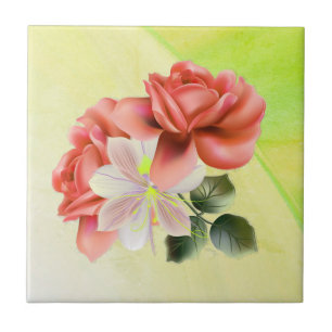 Gorgeous Peach Flowers Youthful Green Tile