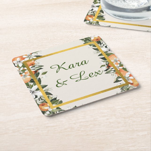Gorgeous Peaches and Foliage Colourful  Square Paper Coaster (Angled)