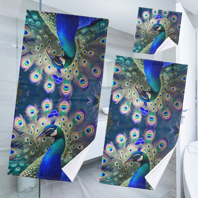 Gorgeous peacock with teal and gold plumage bath towel set (Creator Uploaded)