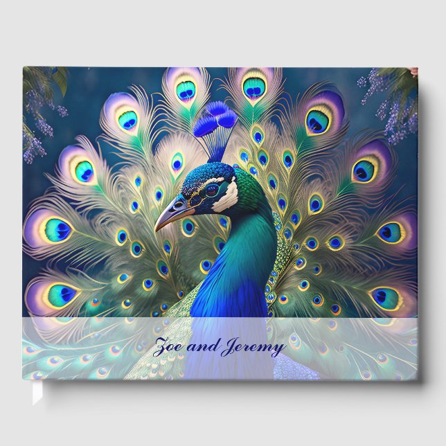 Gorgeous peacock with teal and gold plumage guest book (Front)