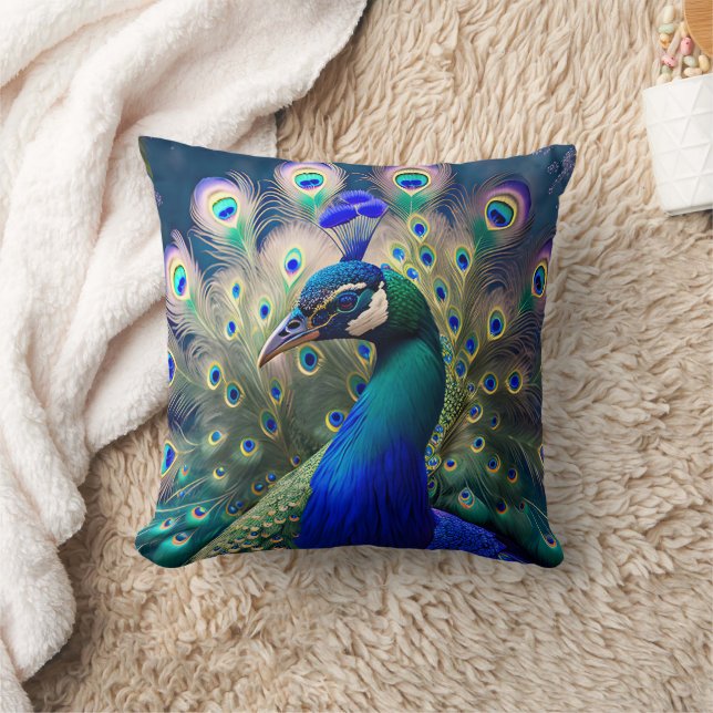 Gorgeous peacock with teal and gold plumage throw pillow (Blanket)