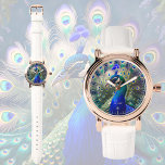 Gorgeous peacock with teal and gold plumage watch<br><div class="desc">This Watch features a gorgeous peacock design in wonderful teal,  royal blue and gold colours. Romantic and elegant motif. Perfect and personalizable gift for any occasion.</div>