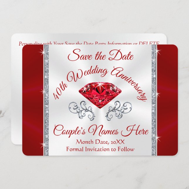 Gorgeous Personalised, 40th Save the Date Cards (Front/Back)