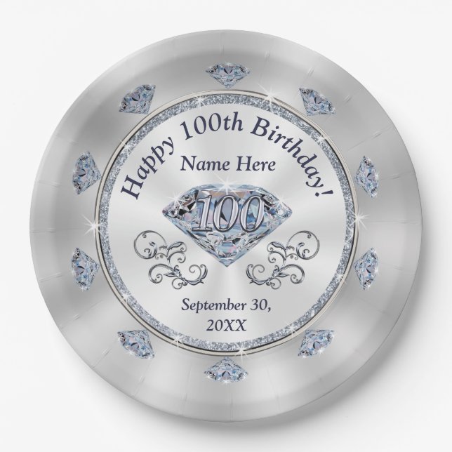 Gorgeous Personalized, 100th Birthday Plates (Front)