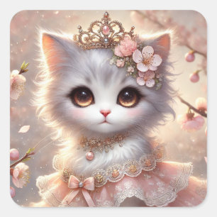 Gorgeous Pink Flower Princess Cat Square Sticker