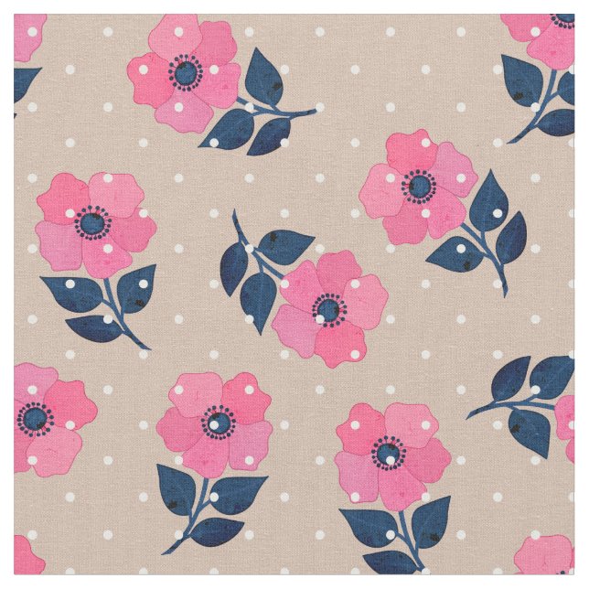 Gorgeous Pink Flowers Polka Dots Pattern Fabric (Close Up)