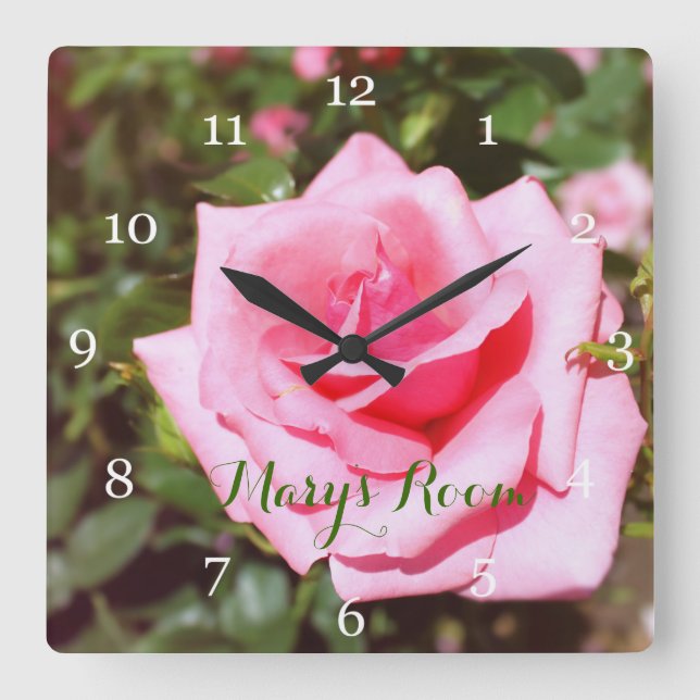 Gorgeous pink rose flower clock.  Floral Square Wall Clock (Front)