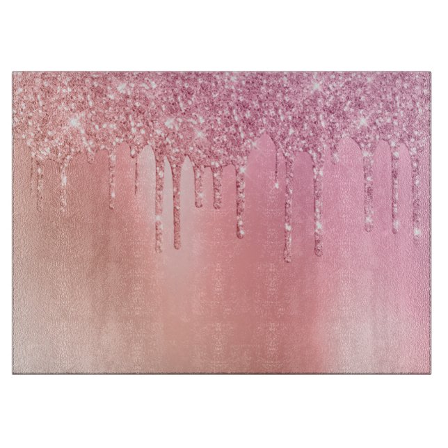 Gorgeous pink rose gold & copper glitter drips cutting board (Front)
