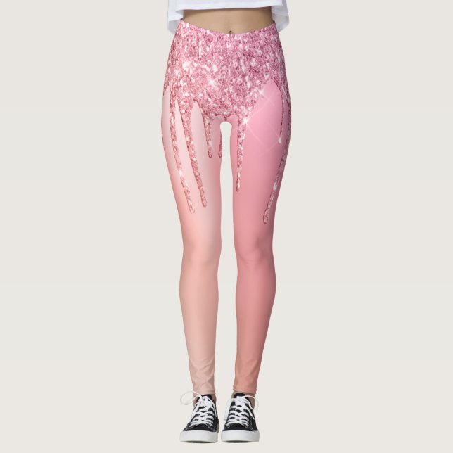 Gorgeous pink rose gold & copper glitter drips leggings (Front)
