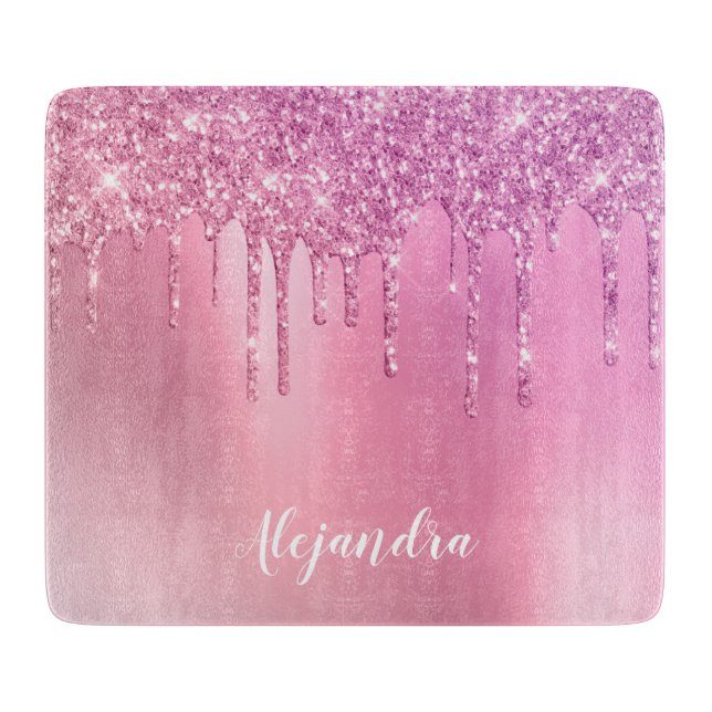Gorgeous pink rose gold & purple glitter drips cutting board (Front)