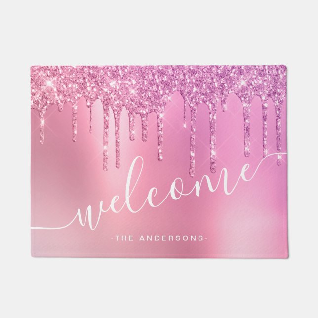 Gorgeous pink rose gold & purple glitter drips doormat (Front)