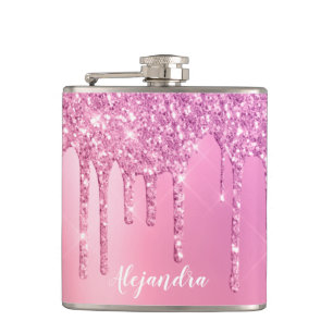 Gorgeous pink rose gold & purple glitter drips hip flask