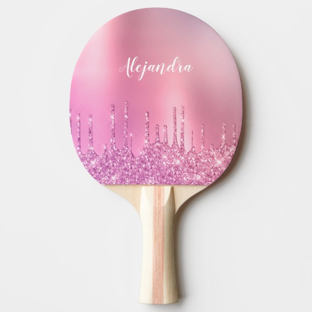 Gorgeous pink rose gold & purple glitter drips ping pong paddle (Front)