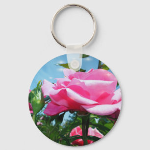 Gorgeous pink rose in blue sky. Floral photography Keychain