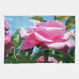 Gorgeous pink rose in blue sky. Floral photography Kitchen Towel