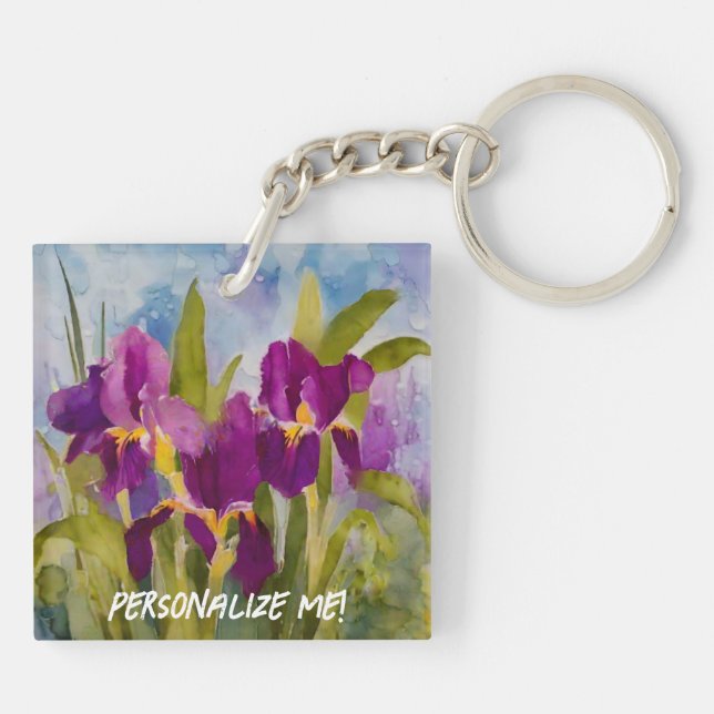 Gorgeous purple watercolor irises personalized keychain (Back)