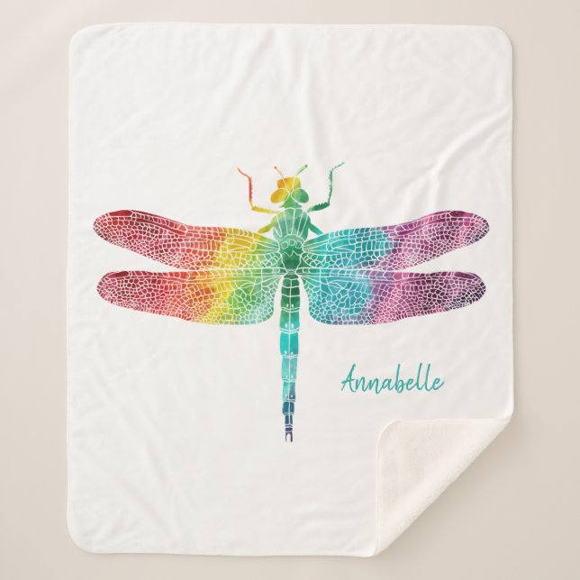Gorgeous Rainbow Watercolor Dragonfly Personalized Sherpa Blanket (Front)
