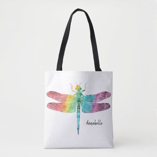 Gorgeous Rainbow Watercolor Dragonfly Personalized Tote Bag (Front)
