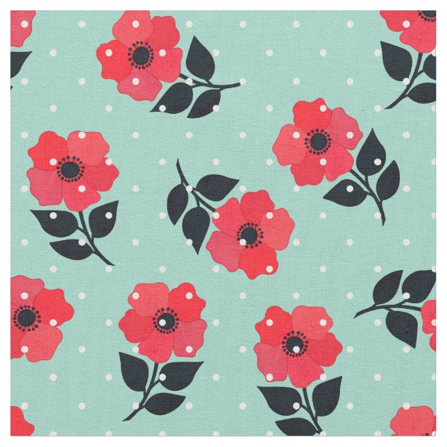Gorgeous Red Flowers Polka Dots Pattern Fabric (Close Up)