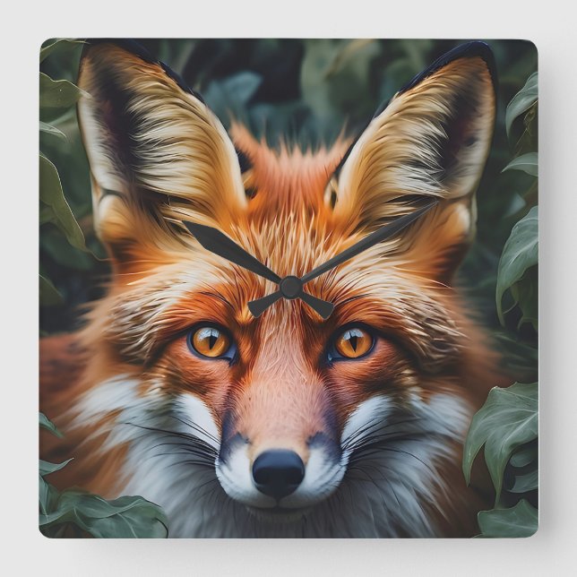 Gorgeous Red Fox Peeking Out from the Forest Square Wall Clock (Front)