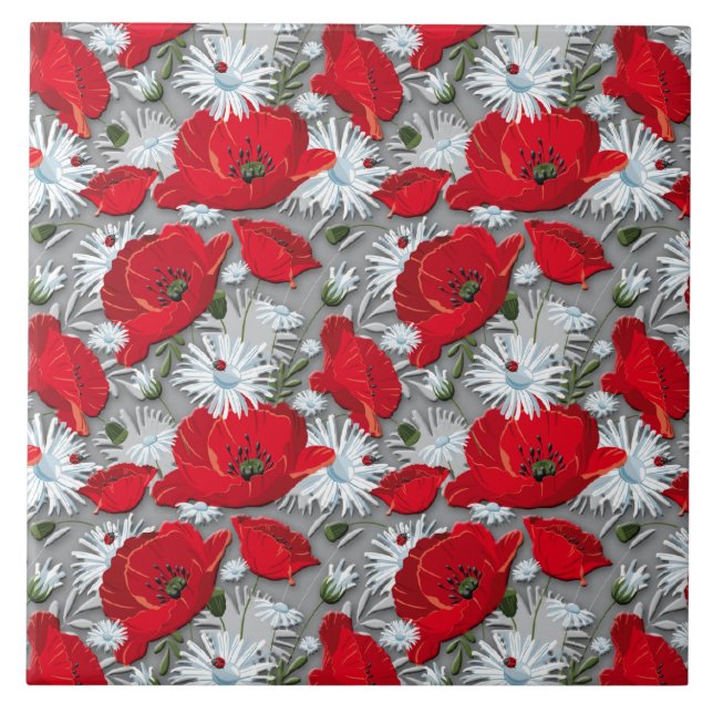 Gorgeous red poppies summer flowers pattern tile (Front)