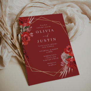 Gorgeous Red Roses Geometric Wreath Wedding Invitation