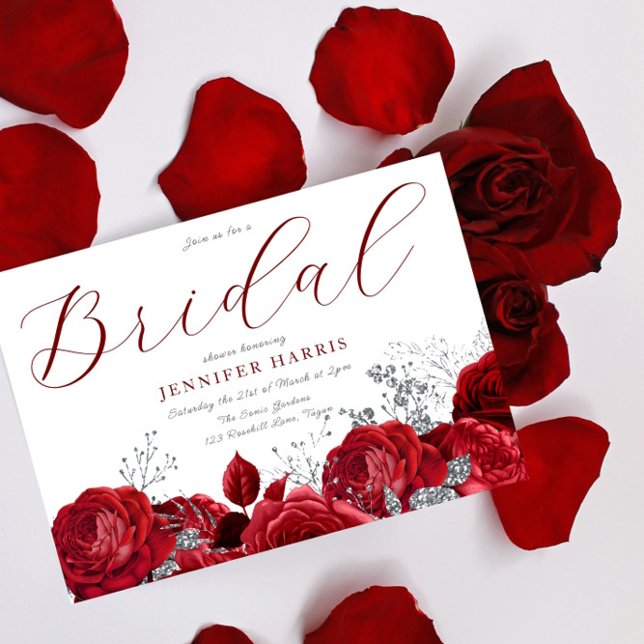 Gorgeous Red Roses & Silver Bridal Shower Invitation (Creator Uploaded)