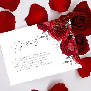 Gorgeous Red Roses & Silver Wedding Details Enclosure Card