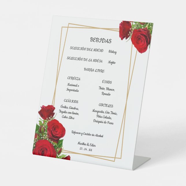 Gorgeous Red Roses Table Bar Selection Menu Sign (Front)